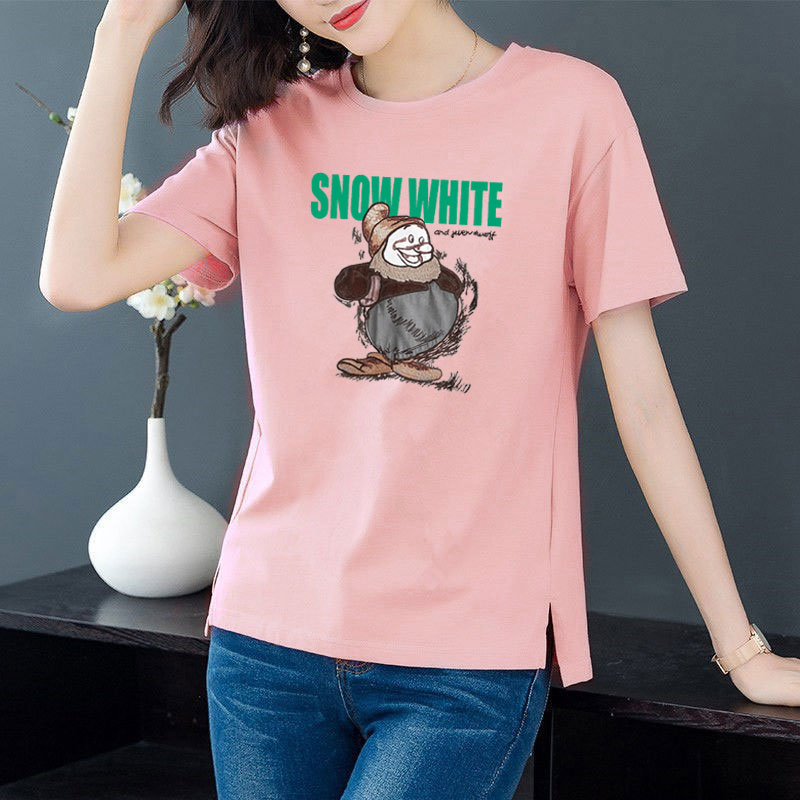 Cotton 6 colors large round neck split short sleeve T-shirt women's casual versatile top