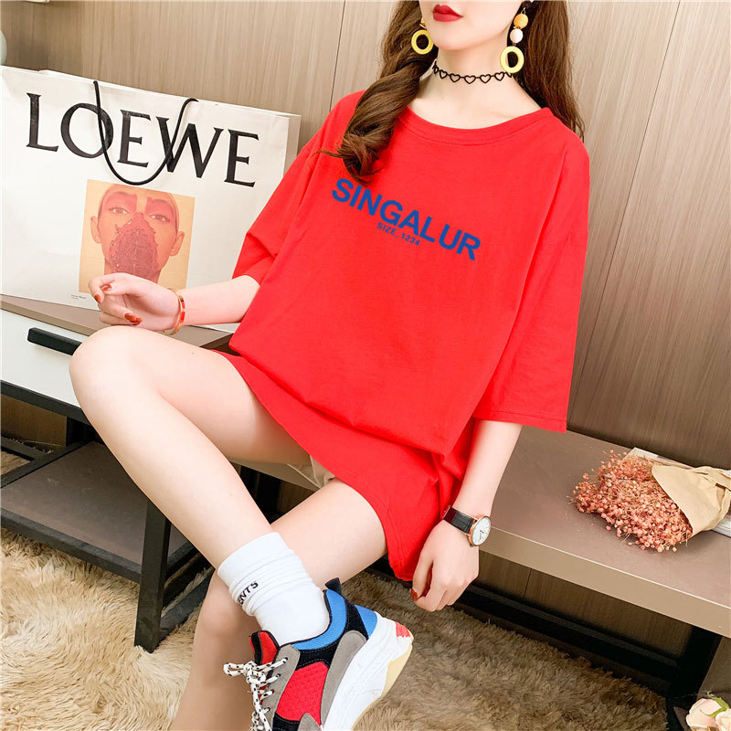 Real shot cotton medium length loose oversize summer dress 9 colors Korean Short Sleeve T-shirt for women