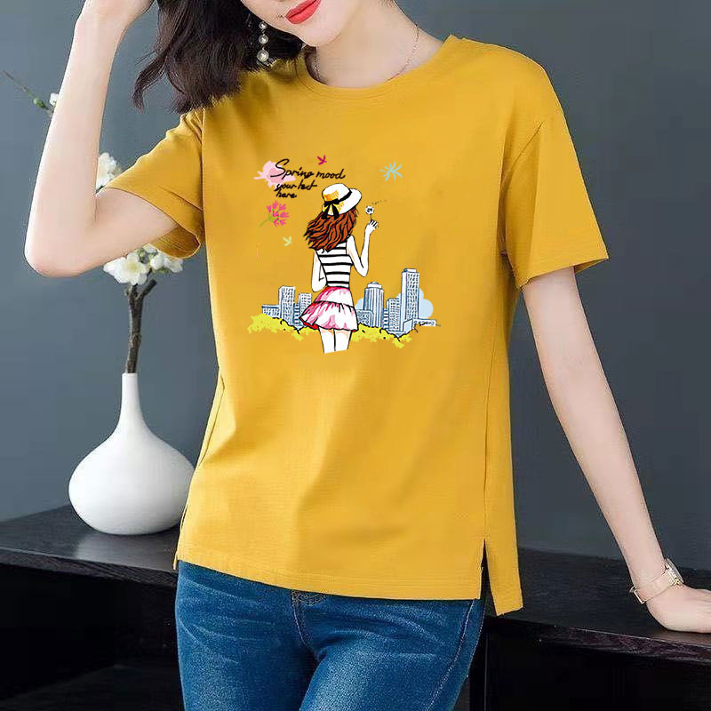 Cotton 6 colors large round neck split short sleeve T-shirt women's casual versatile top