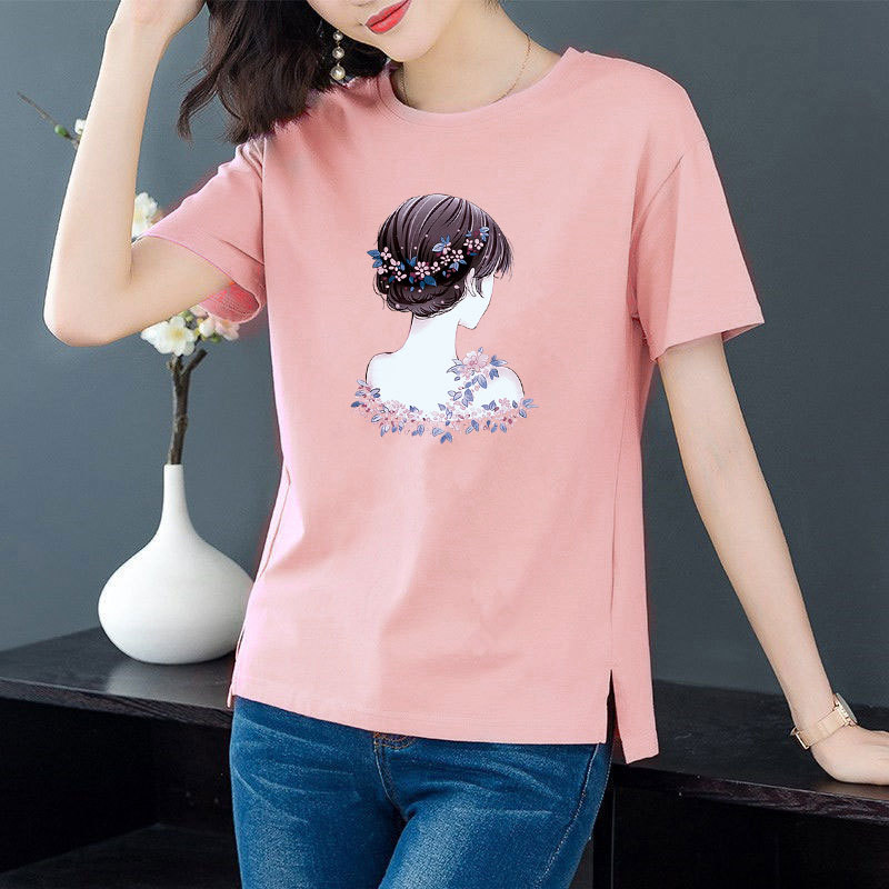 Cotton 6 colors large round neck split short sleeve T-shirt women's casual versatile top