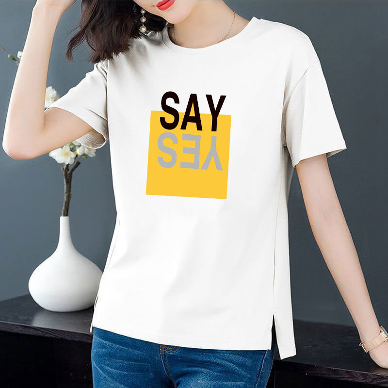 Cotton 6 colors large round neck split short sleeve T-shirt women's casual versatile top