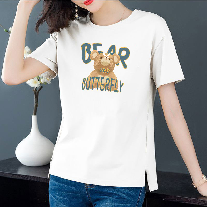 Cotton 6 colors large round neck split short sleeve T-shirt women's casual versatile top