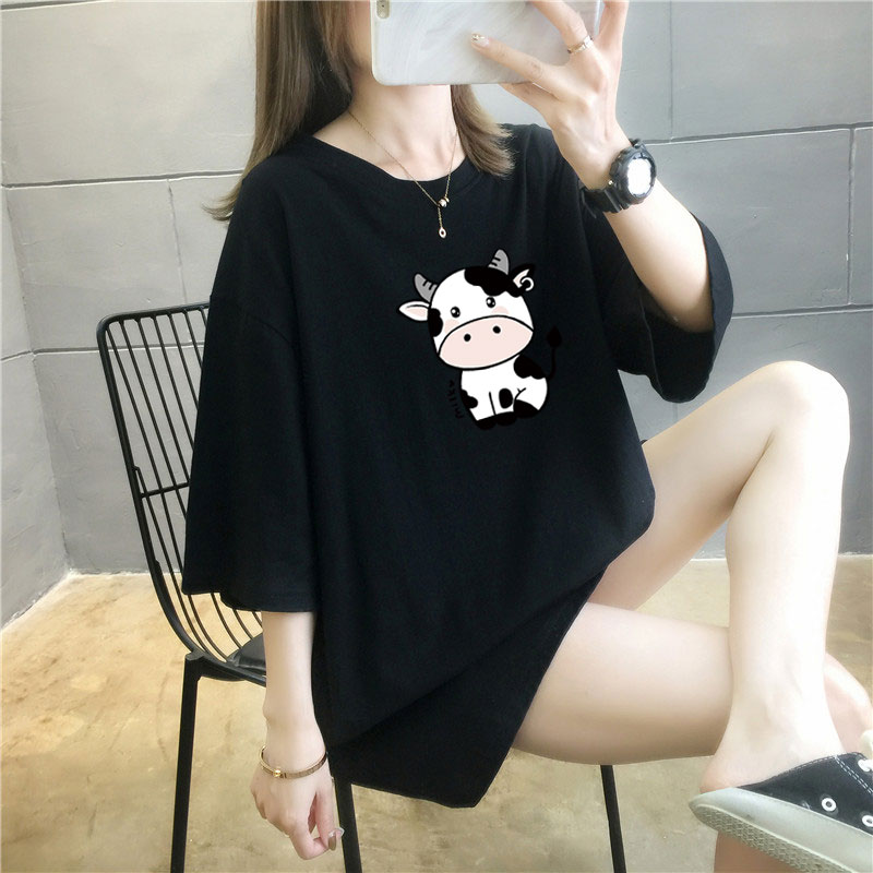 5 colors summer fat mm loose large medium length 26 thread cotton Korean Short Sleeve T-Shirt