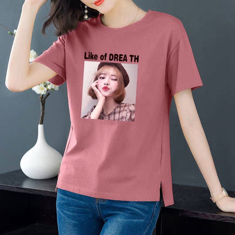 Cotton 6 colors large round neck split short sleeve T-shirt women's casual versatile top