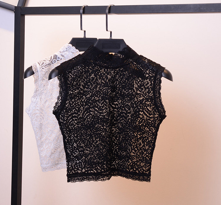 热卖爆款女士无袖打底衫半截立领蕾丝衫半透明修身百搭网衫黑背心