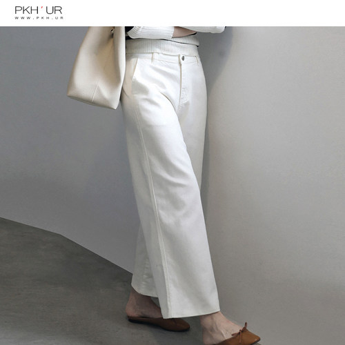 PKH四季可穿高出镜搭配的高腰休闲时髦白色九分阔腿直筒裤子HK-封面