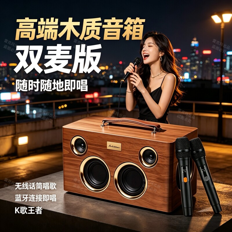 旋律玫瑰音响复古桌面木质蓝牙音箱家用K歌无线话筒KTV低音炮音响