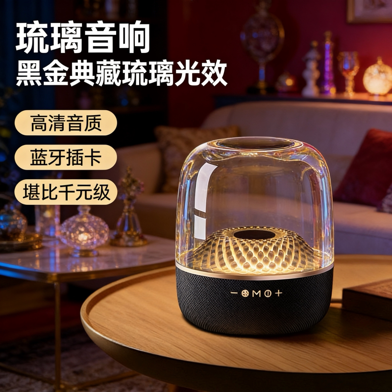 顶配琉璃蓝牙音箱琉璃炫彩灯效高音质户外桌面无线音响黑金典藏款
