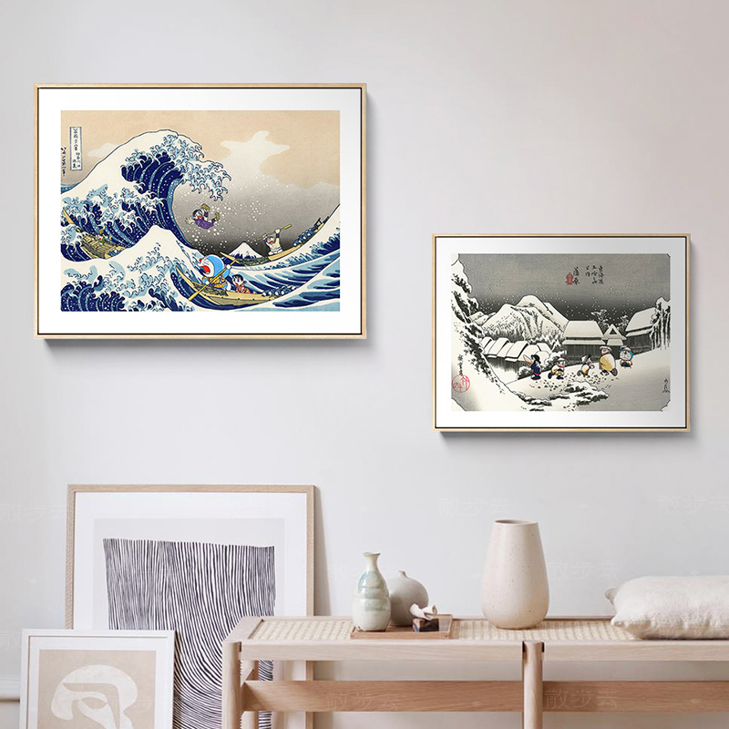 潮人神奈川冲浪里哆啦A梦浮世绘大幅客餐厅书房装饰画时尚机器猫图片