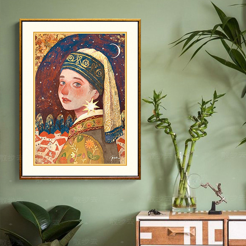 星光月亮闪耀戴珍珠耳环的少女漫装饰画插图客餐厅玄关卧室挂日韩