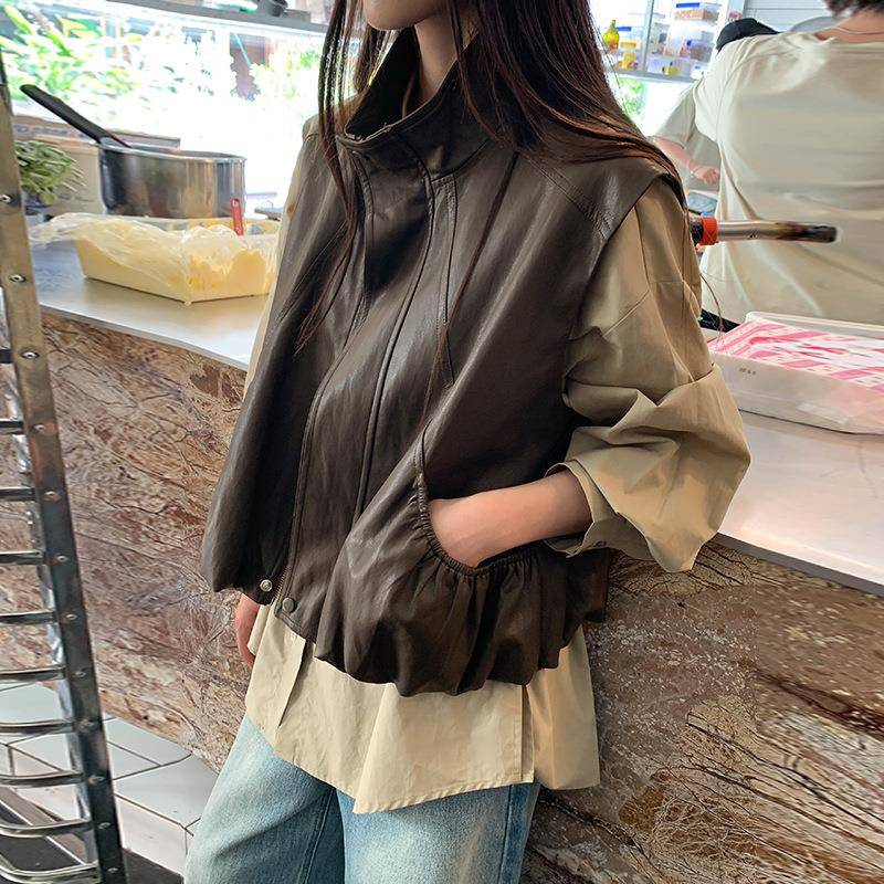 MOXI 十三行女装2025冬季新款韩系pu皮衣设计感马甲背心短款外套