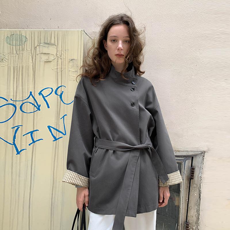 MOXI十三行女装2025秋季新款撞色立领高级感中长款女士风衣外套女