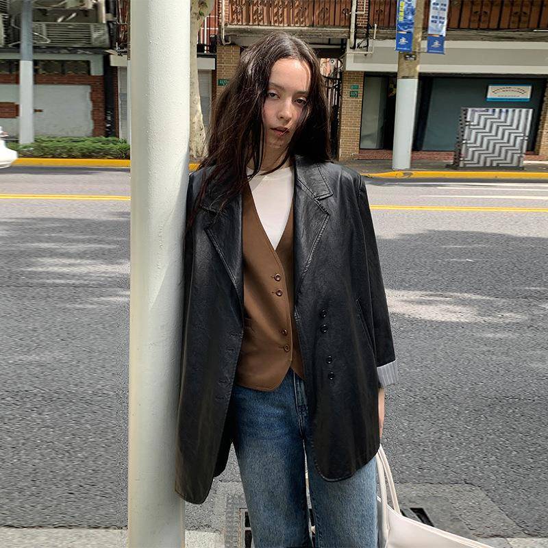 MOXI 十三行2025秋季新款韩版宽松黑色皮衣外套女休闲西装PU夹克