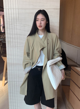 MOXI十三行女装2026年春季新款韩版立领长款宽松条纹里风衣外套女