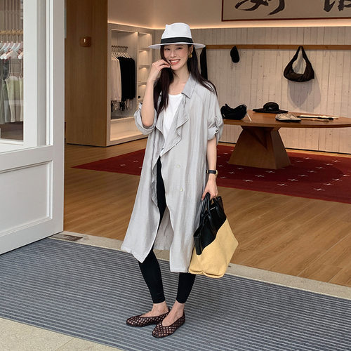 MOXI十三行女装夏季新款松弛感浅灰长款防晒衬衫女夏日通勤慵懒风