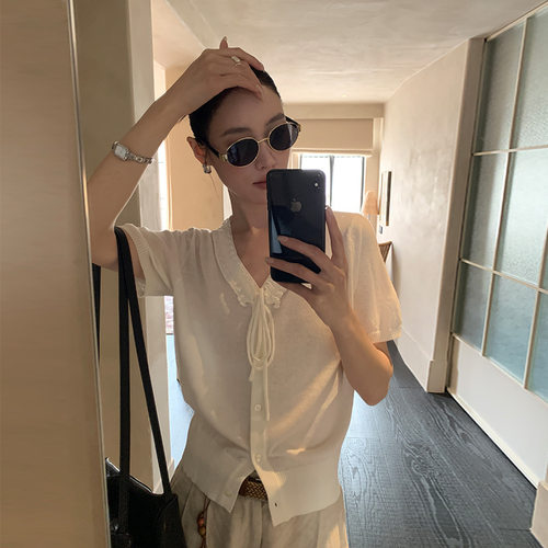 MOXI十三行女装2026年春季新款韩系花边V领短袖针织开衫上衣女