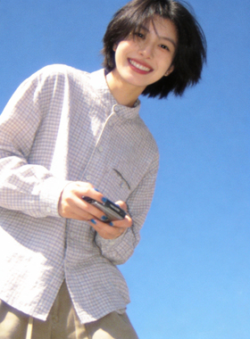 2026春季复古格子长袖衬衫男女宽松日系小众ins无领通勤衬衣外套