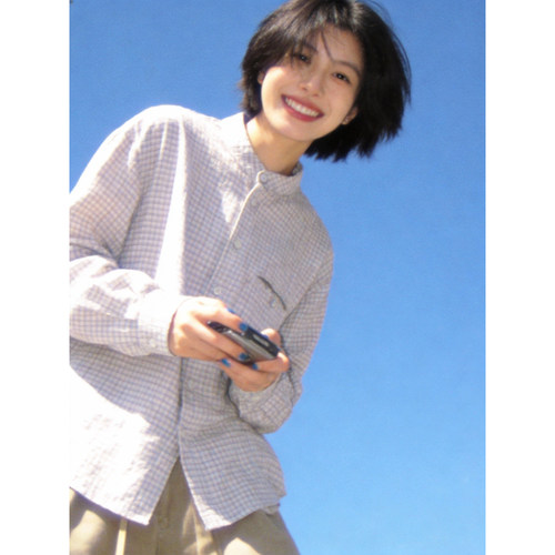 复古格子无领宽松通勤长袖衬衫