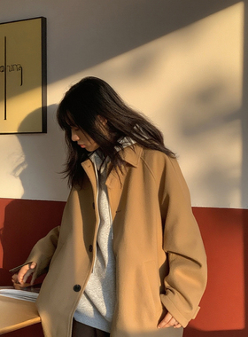 卡其色毛呢大衣男女秋冬风衣宽松百搭中长款韩系简约休闲呢子外套