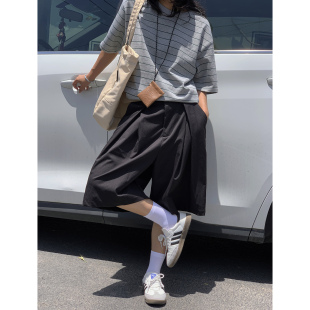 寬松闊腿高街百搭打褶速干六分褲 美式 休閑五分褲 2025夏季 子潮 短褲
