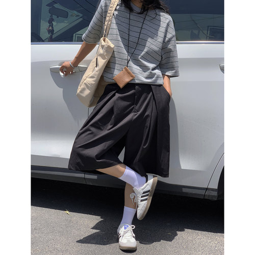 美式休闲五分裤2025夏季宽松阔腿高街百搭打褶速干六分裤短裤子潮