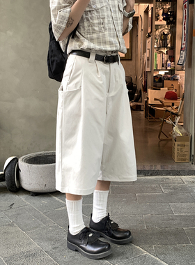 白色七分裤潮牌街头宽松中裤夏季五分马裤男女八分休闲六分短裤子