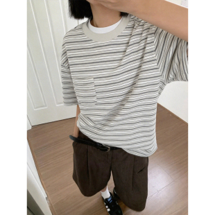 清爽上衣服 百搭宽松男女休闲文艺ins复古半袖 日系条纹短袖 T恤夏季