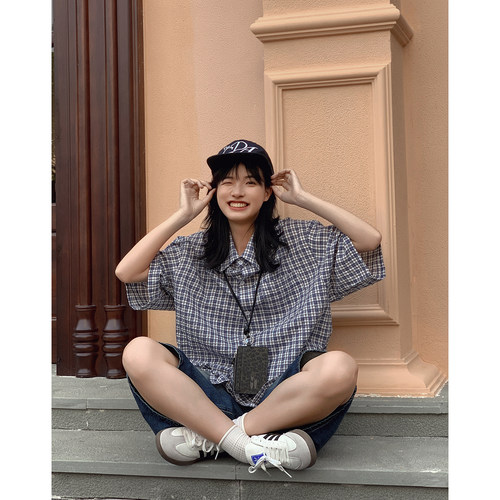 小格子短袖衬衫2026夏季美式复古