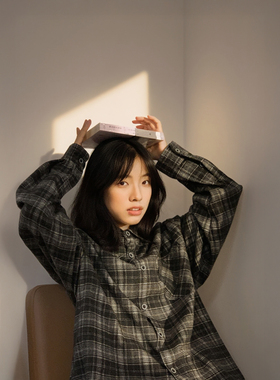 古着感长袖格子衬衫日系复古秋季vintage高街休闲格纹ins衬衣外套