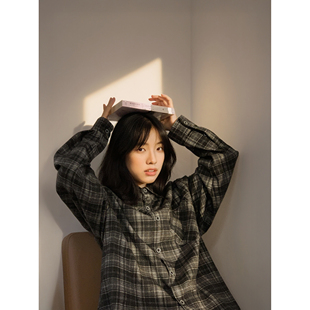 vintage高街休闲格纹ins衬衣外套 日系复古秋季 古着感长袖 格子衬衫