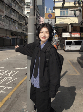 2026春季黑色宽松翻领夹克男女潮流街头复古外套青年学生休闲上衣