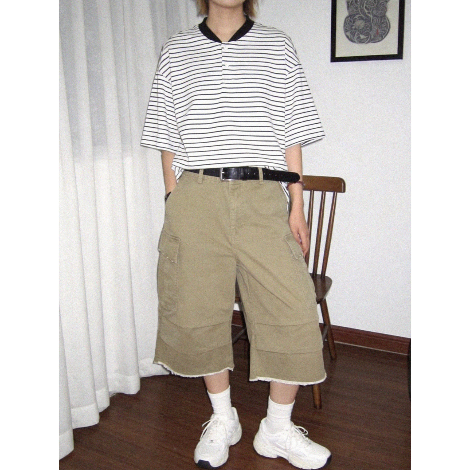 美式复古七分工装裤夏季大口袋直筒阔腿流苏百搭ins六分休闲裤子