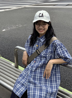 蓝白格子短袖衬衫2025夏季