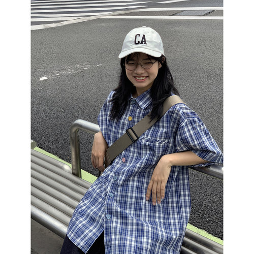 蓝白格子短袖衬衫2025夏季