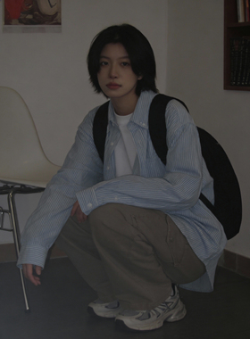 极简风清新蓝色条纹衬衫男女复古百搭宽松知识分子春季长袖衬衣潮