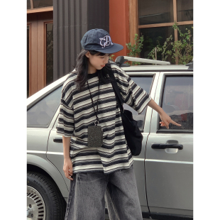 复古宽松男女休闲百搭半袖 美式 打底上衣 T恤2025夏季 黑白条纹短袖