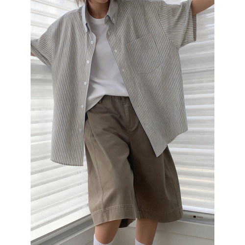 夏季学院风复古条纹宽松短袖衬衫