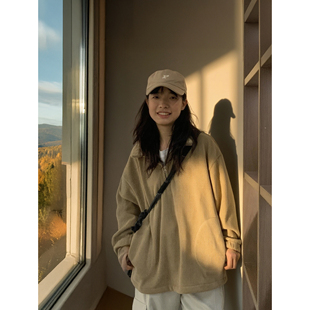 美式 复古半拉链立领加绒卫衣宽松百搭慵懒风夹克上衣灯芯绒外套潮