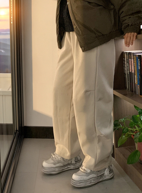 加绒白色运动裤冬季男女宽松休闲直筒卫裤百搭加厚简约松紧长裤子