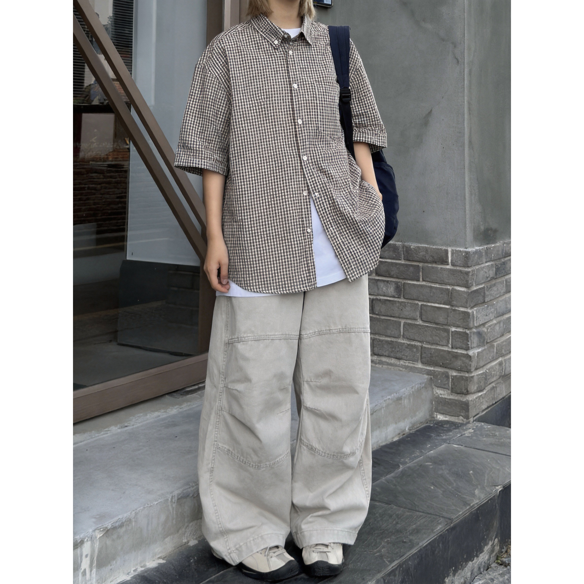 日系复古浅卡其阔腿裤男女宽松百搭意式潮牌老钱风直筒休闲长裤子