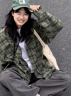 绿色格子长袖衬衫2025秋季宽松百搭cityboy美式复古休闲衬衣外套