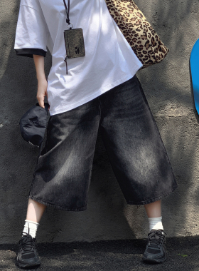 黑灰色牛仔七分裤2025夏季美式复古六分宽松直筒休闲男女五分裤子