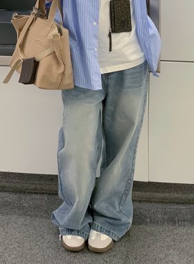 浅蓝色牛仔裤2025春夏美式高街宽松直筒阔腿休闲百搭ins长裤子潮
