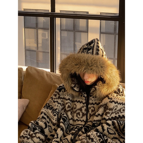 民族风提花羊羔毛外套男女秋冬