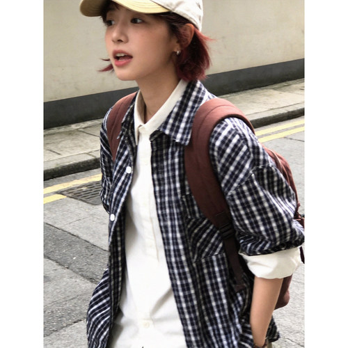 黑白格子宽松长袖衬衫男通勤
