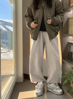 白色加绒卫裤冬季宽松直筒束脚休闲男女加厚百搭运动休闲长裤子潮