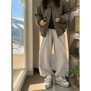 子潮 宽松直筒束脚休闲男女加厚百搭运动休闲长裤 白色加绒卫裤 冬季