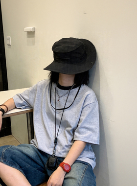 复古灰色短袖T恤夏季男女百搭撞色圆领拼接休闲ins少年感半袖上衣