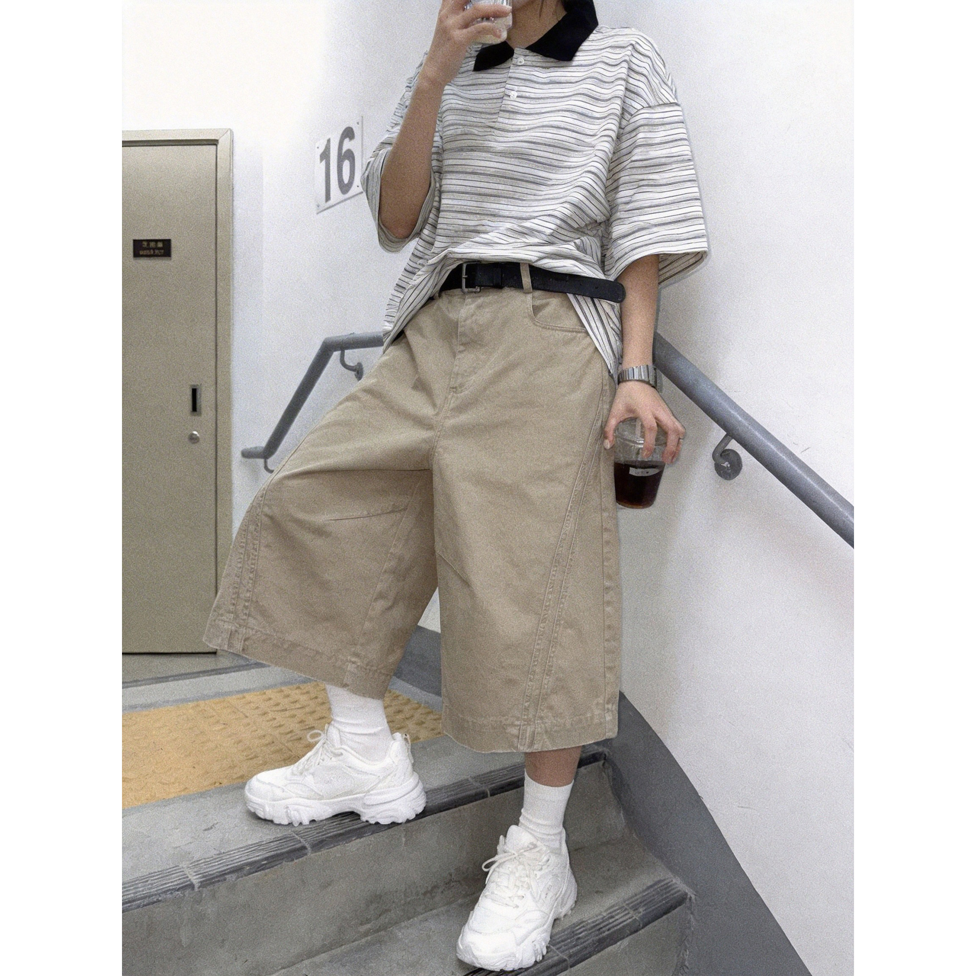 美式复古工装七分裤夏季男女阔腿高街宽松休闲六分卡其色五分中裤