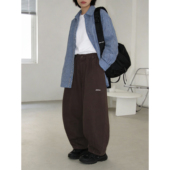美拉德复古休闲裤 男女宽松阔腿男女松紧腰潮流咖啡色直筒长裤 子潮